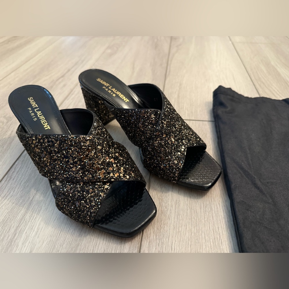 Saint Laurent YSL Black Mules with Glitter Embellishments